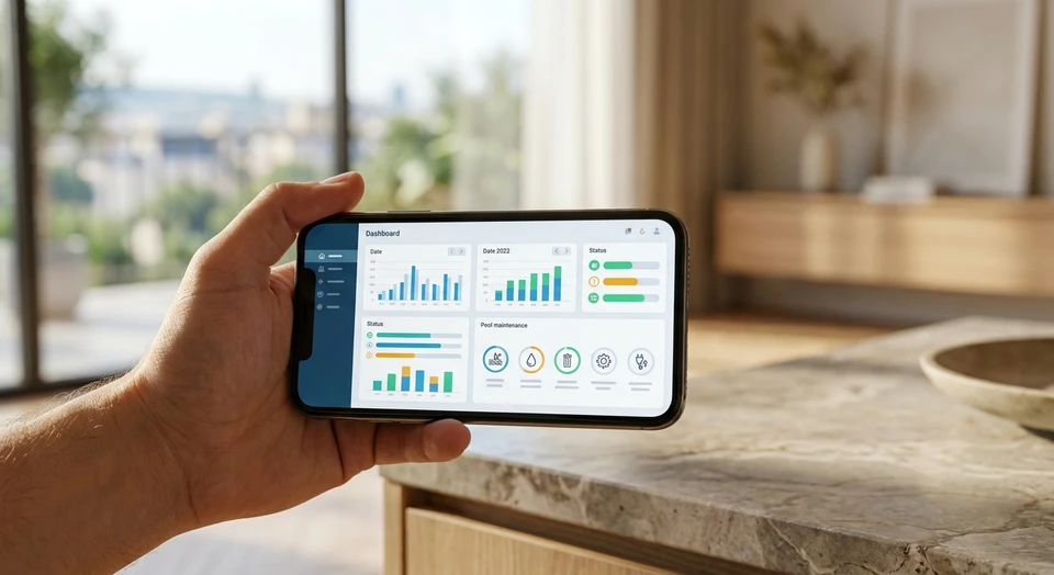 Gros plan d'une main tenant un smartphone moderne en paysage, affichant clairement une interface de tableau de bord digital avec des éléments visuels représentant le suivi d'interventions de piscine : chronologie des travaux, dates planifiées, statut des interventions, détails techniques. L'écran doit montrer un design épuré et professionnel avec graphiques, listes de tâches ou calendrier, dans un environnement intérieur lumineux et contemporain.