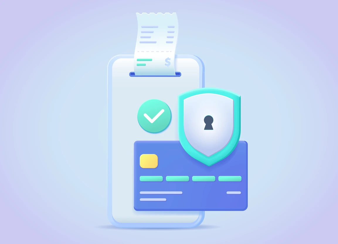 Scène mobile de paiement sécurisé avec smartphone affichant une carte bancaire bleue protégée par un bouclier de sécurité vert