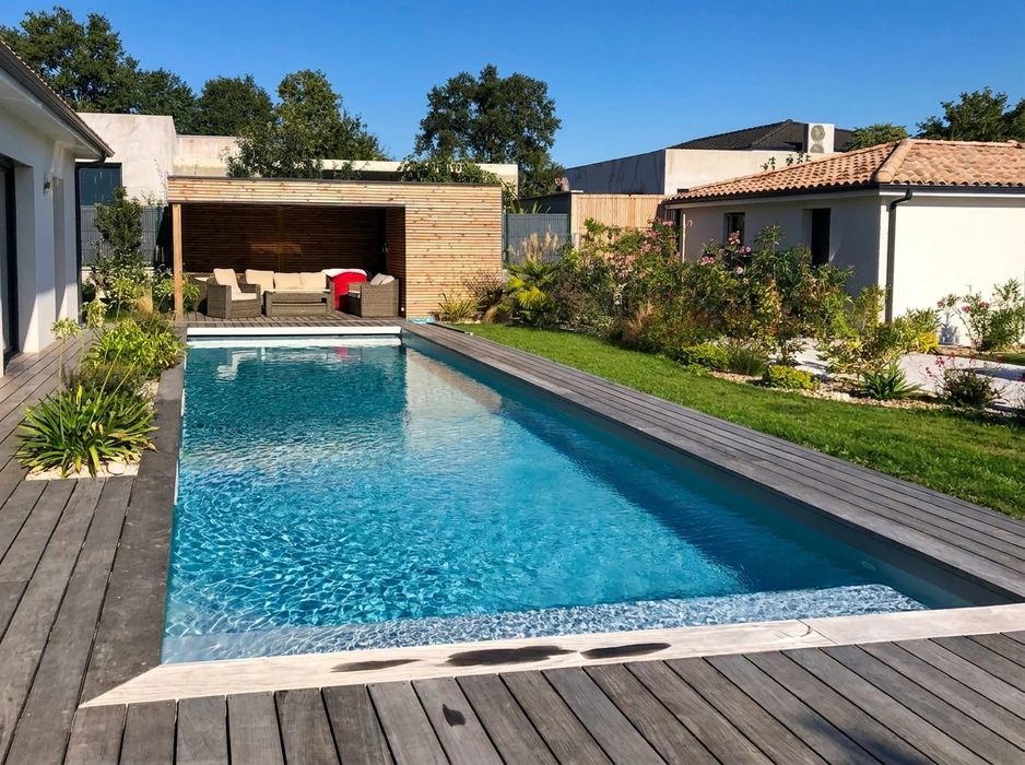 Piscine extérieure avec margelles en pierre naturelle multicolore, entourée d'une barrière de sécurité transparente en verre trempé avec poteaux métalliques