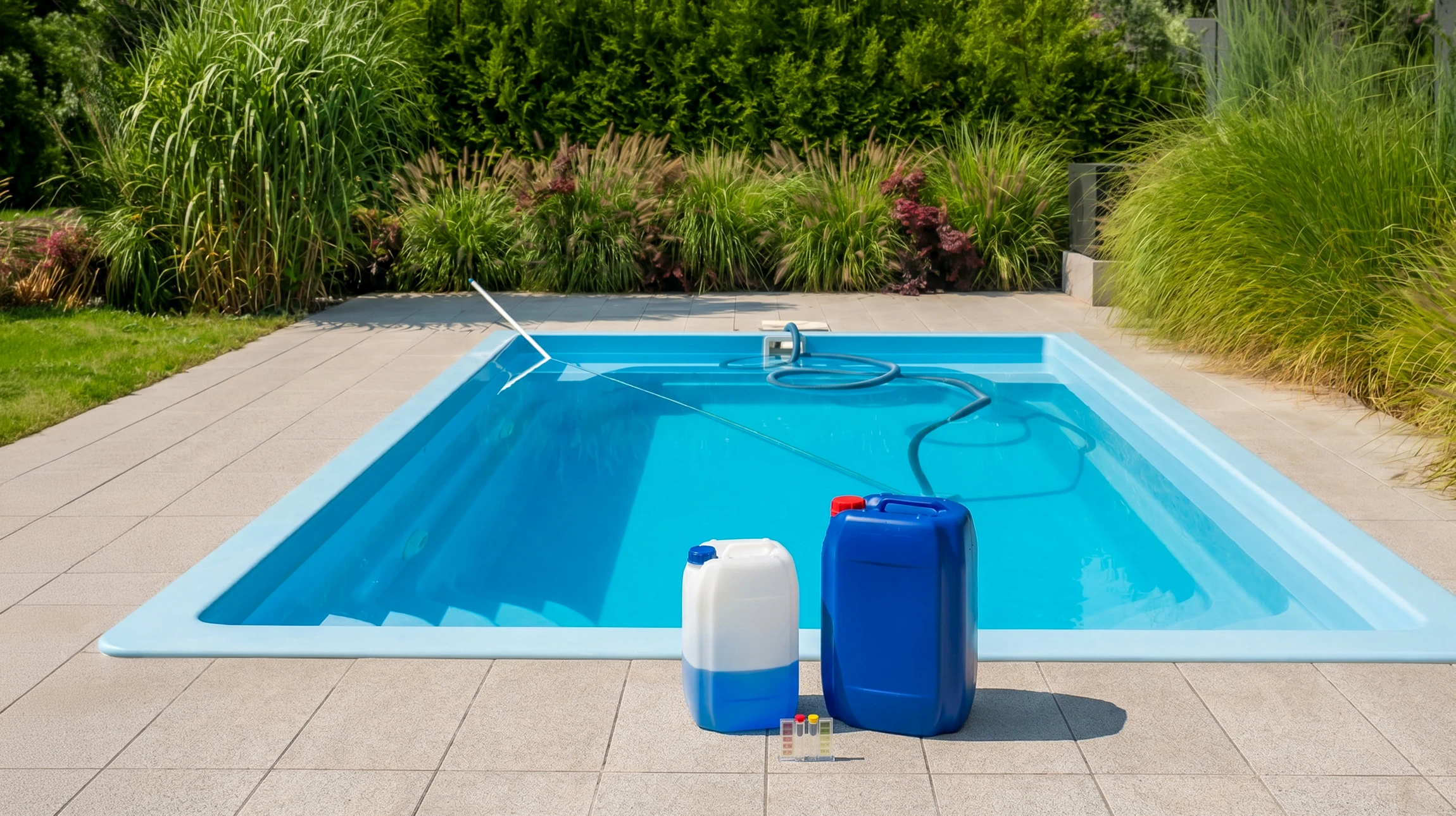 Scène extérieure d'entretien de piscine avec aspirateur automatique en fonctionnement