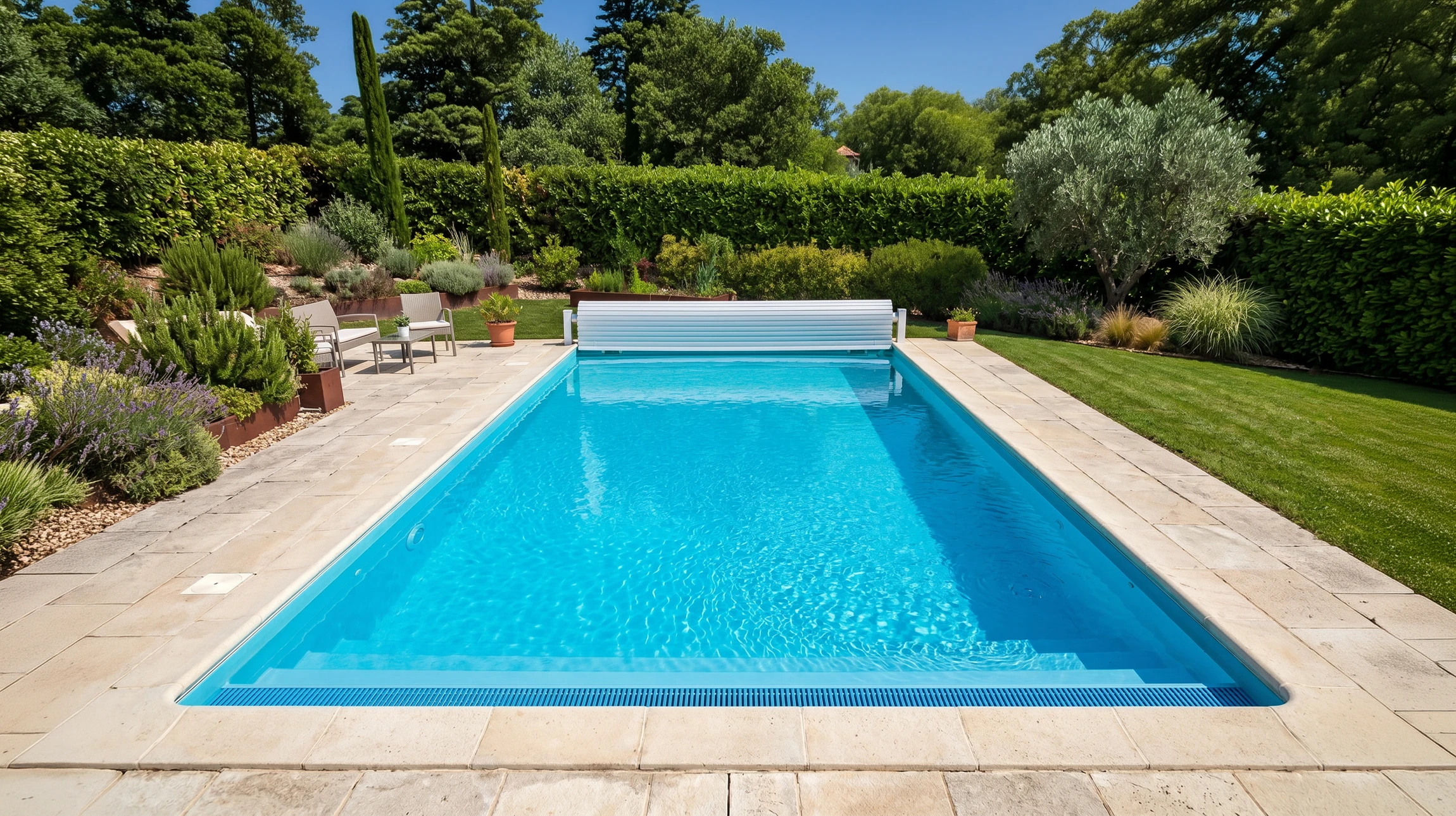Extérieur résidentiel avec piscine couverte par une bâche de sécurité grise à panneaux rigides
