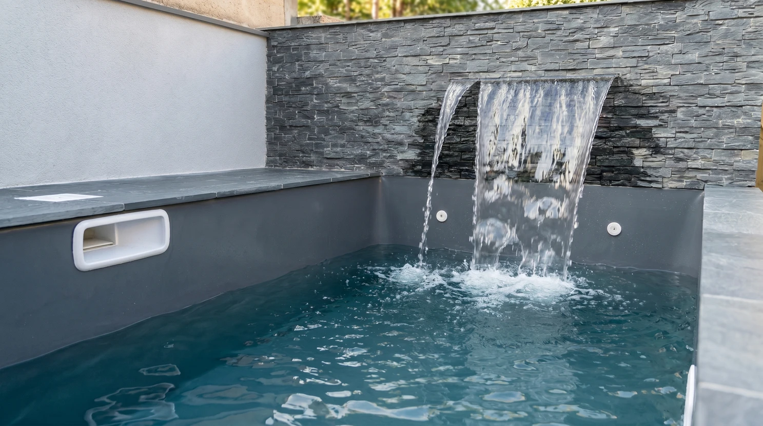 Scène extérieure résidentielle avec piscine creusée ovale à liner bleu, margelles en béton beige